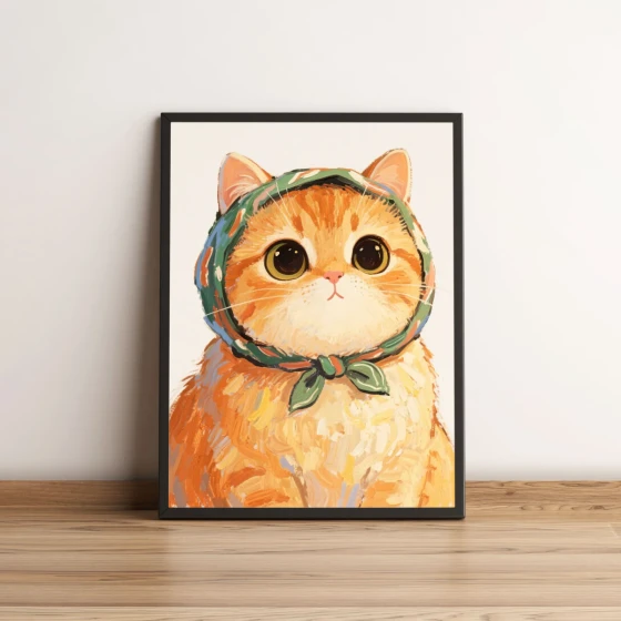 Quadro Gato Laranja Fofo com Lenço Verde 2706