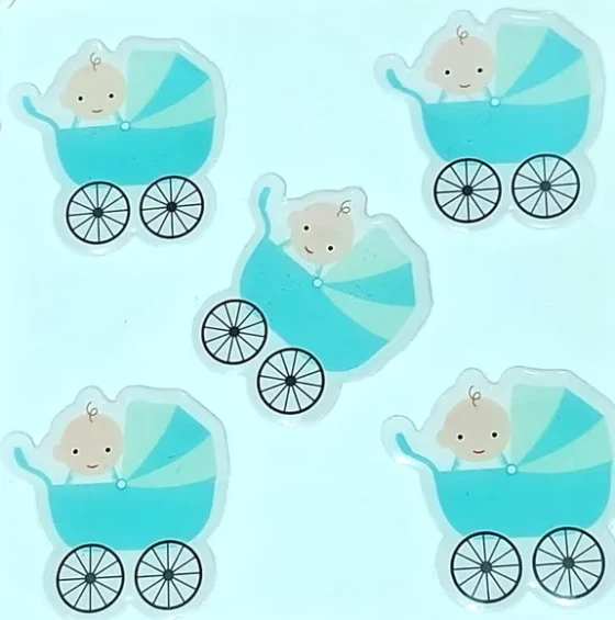 Aplique Carrinho de Bebê Adesivo Resinado 1 Cartela C/5 Unid
