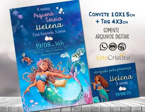 Convite Digital C/tag Pequena Sereia Ariel Morena 2