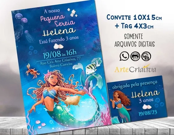 Convite Digital C/tag Pequena Sereia Ariel Morena 2