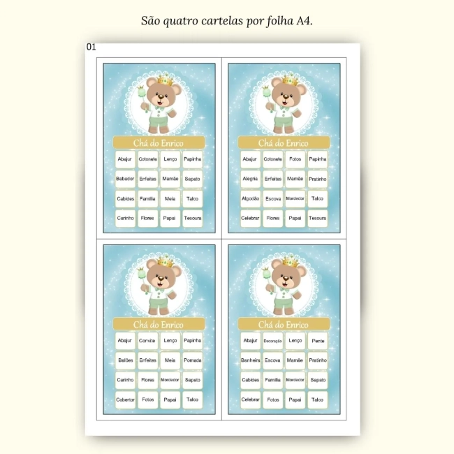 Bingo Chá de Bebê Menino Pdf Para Imprimir