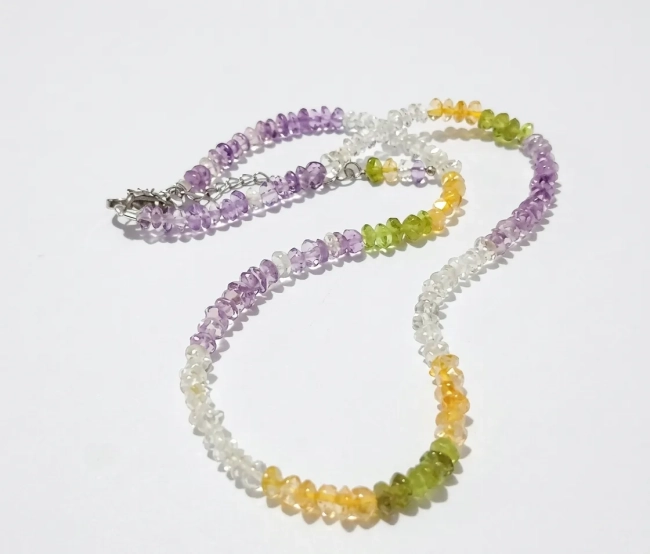 Colar Choker Cristal Ametista, Cristal Peridoto, Cristal Citrino e Cristal Transparente - Aço Inox