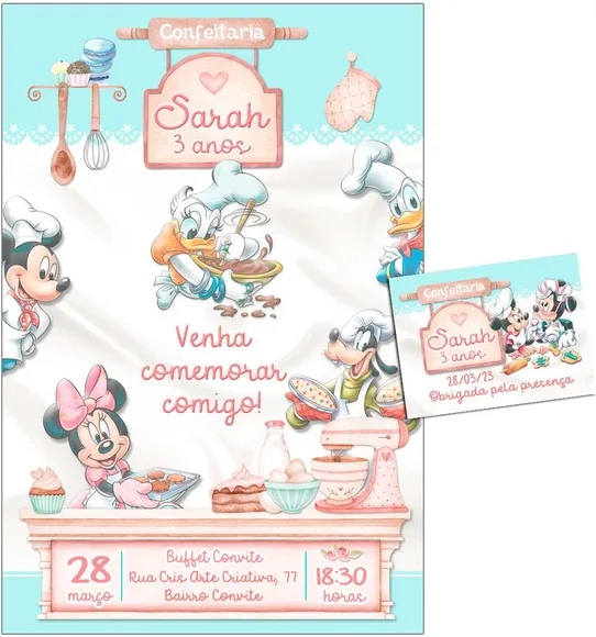 Convite Digital C/tag Confeitaria Turma Mickey Aquarela