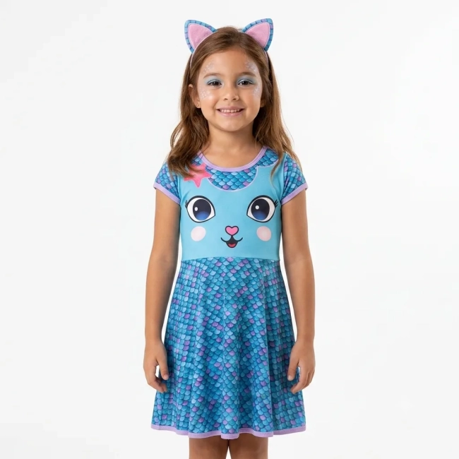 Vestido Infantil Gatinha Sereia Azul Estampa Divertida de Escamas