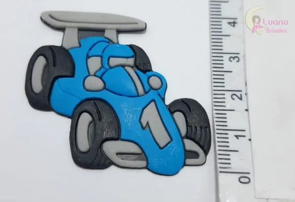 Aplique Carro de Corrida Azul de Borracha - Pct C/6 Unid