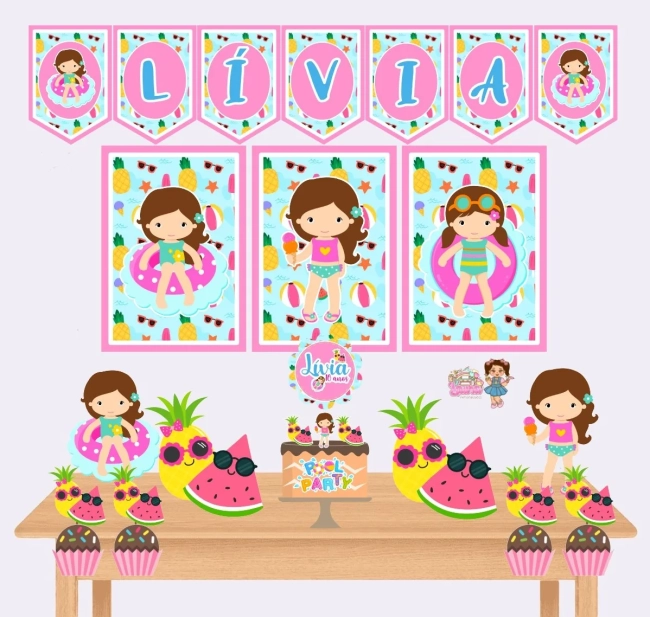 Kit Festa Só Um Bolinho POOL PARTY MENINA - Decoração de Festa