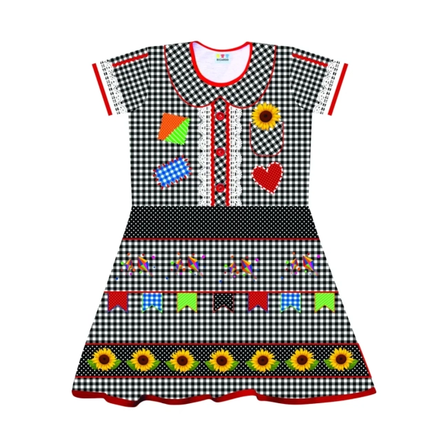 Vestido Infantil Caipira Festa Junina Xadrez Girassol