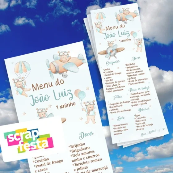Menu Cardápio Personalizado Festa Urso Aviador Aquarela