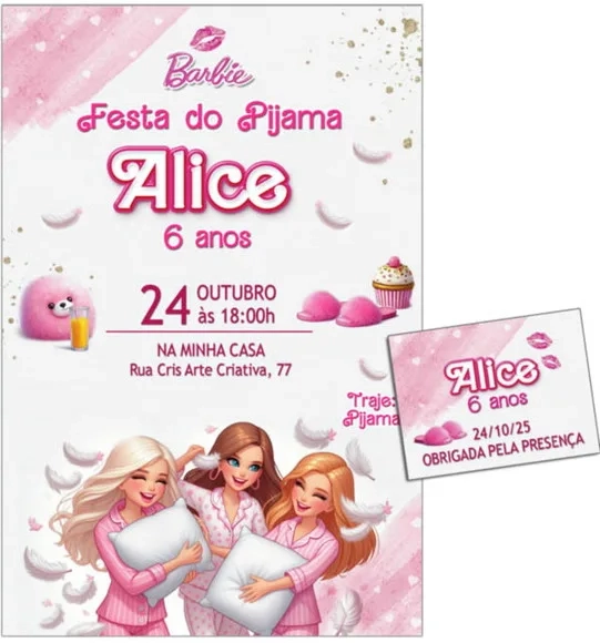 Convite Digital C/tag Boneca Barbie Festa do Pijama 2