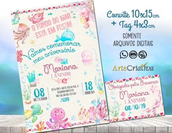 CONVITE DIGITAL C/TAG Fundo do Mar Aquarela Menina
