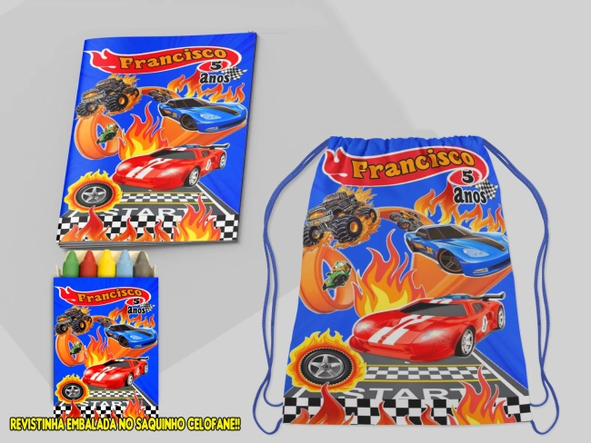 Kit Mochila e Revista de colorir para lembrancinhas da Hot Wheels