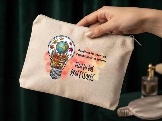 Lembrancinha Nécessaire Personalizada Algodão Cru 20x15 Estampa DTF Dia dos Professores Lampada