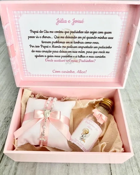Caixa convite rosa para padrinhos de batismo