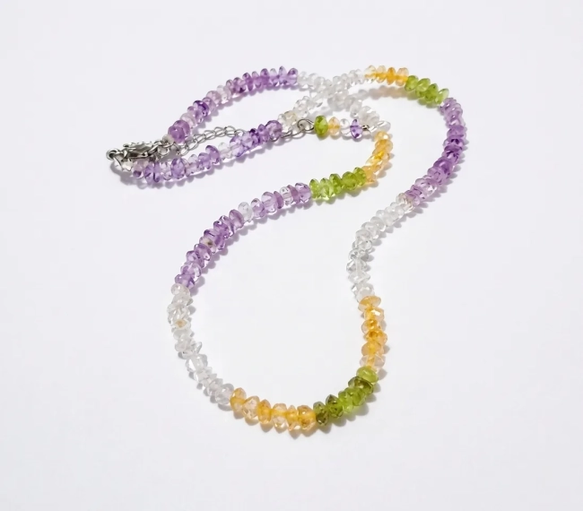 Colar Choker Cristal Ametista, Cristal Peridoto, Cristal Citrino e Cristal Transparente - Aço Inox