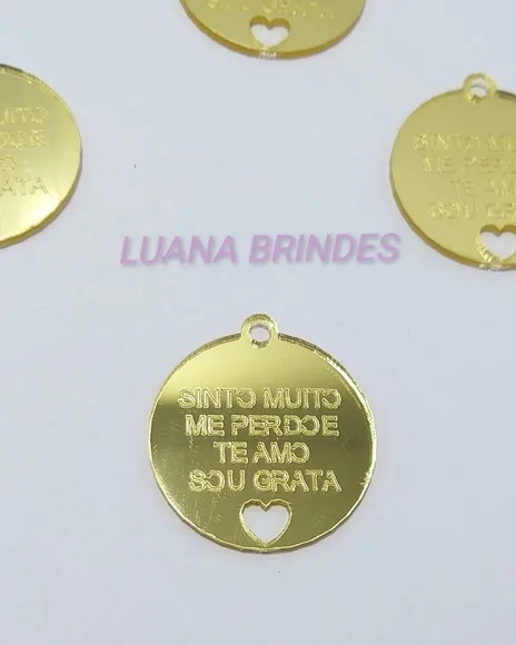 Pingente c/frase em Acrílico Espelhado Dourado - pct c/10 un