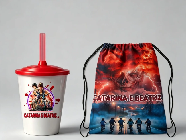 Kit Mochila e Copo Twister personalizado do Stranger Things