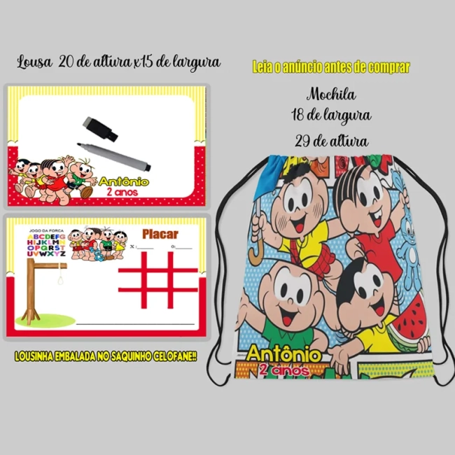 Kit Mochilinha e Lousa Magica personalizada lembrancinhas Turma da Mônica