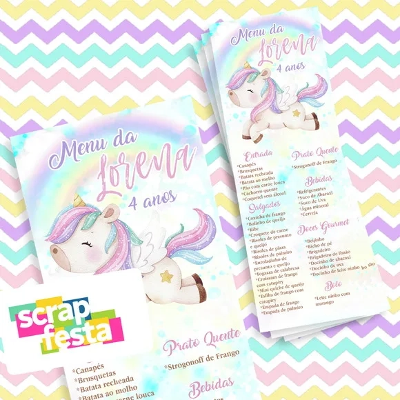 Menu Cardápio Personalizado Festa Unicórnio Aquarela