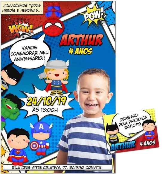 CONVITE DIGITAL C/TAG Herois Cute Gibi com Foto