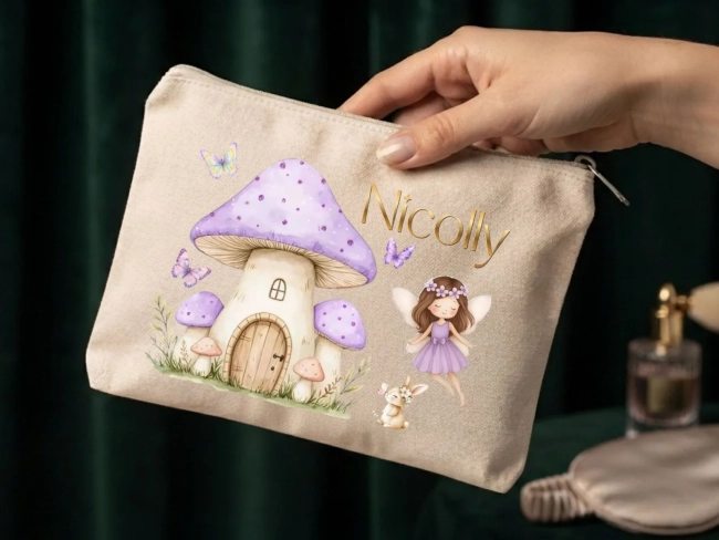 Lembrancinha Nécessaire Personalizada Algodão Cru 20x15 Estampa DTF Fada Lilás