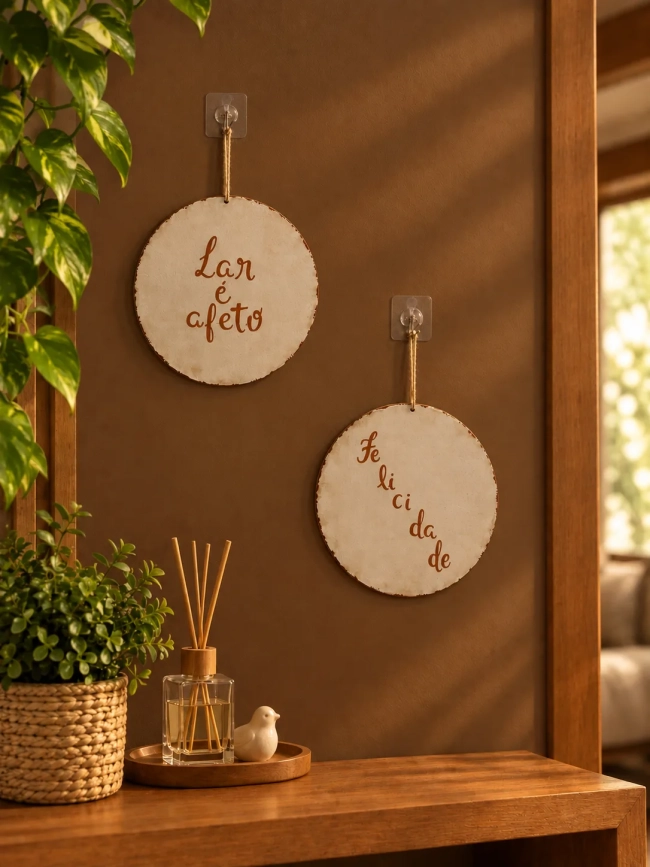 Kit 2 Placas Decorativas Parede MDF Lar é Afeto Felicidade 20cm