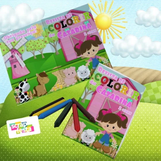 Mini Revistinha Colorir + Giz de Cera Festa Fazendinha