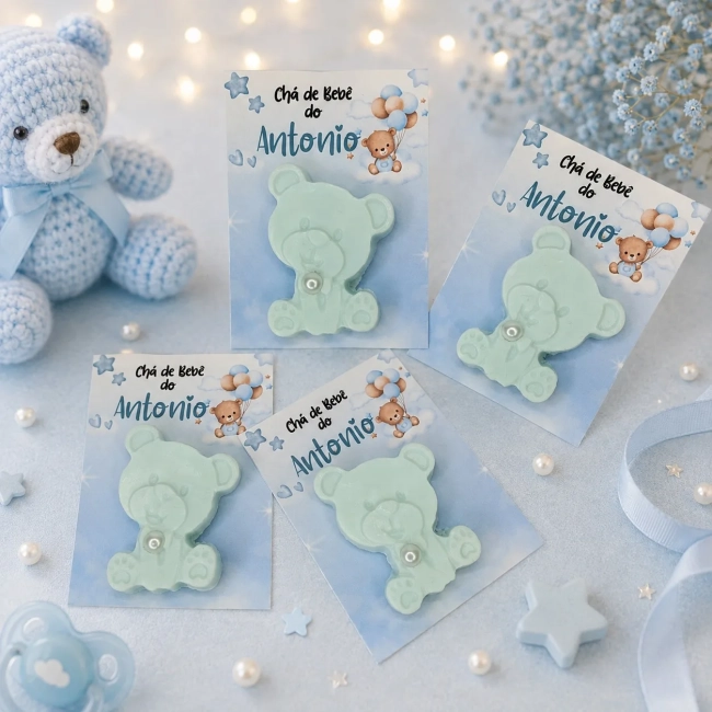 45 uni Lembrancinhas Mini Sabonete Ursinho Azul Perfumado no Cartão Aniversário, Casamento, Chá de Bebê, Batizado e etc.