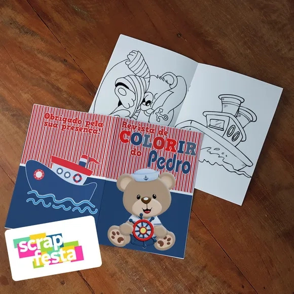 Revista Colorir + Giz de Cera Festa Urso Marinheiro