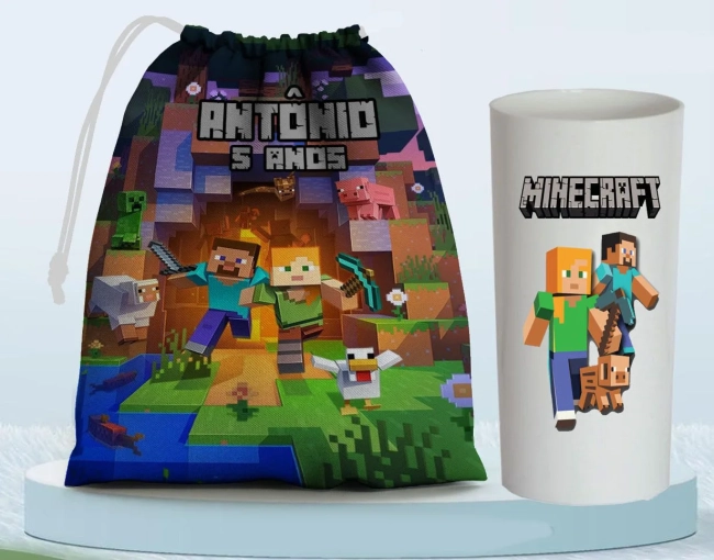 Kit Saquinho Surpresa e Copo Long Drink Personalizado Minecraft