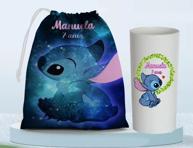 Kit Saquinho Surpresa e Copo Long Drink Personalizado do Sticth