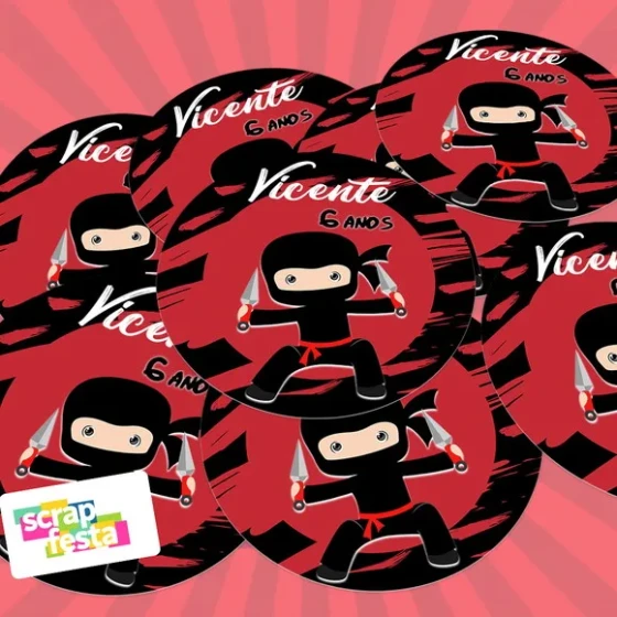 Adesivo 5 cm Redondo Personalizado Festa Ninja Luta Cute
