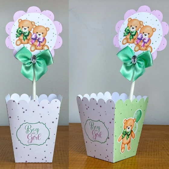 PEGUE E MONTE - Centro de Mesa CHA REVELAÇÃO VERDE E LILAS - Decoração de Festa | Lembrancinhas | Aniversário | Personalizados
