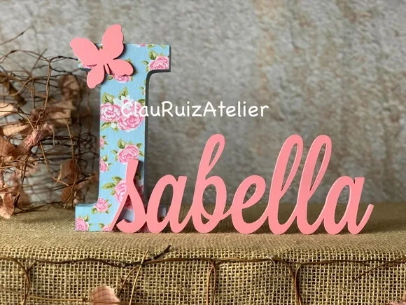 Nome em MDF Personalizado com Tecido para Quarto de Bebê - Letras Decorativas Infantis - Tema Jardim das Borboletas