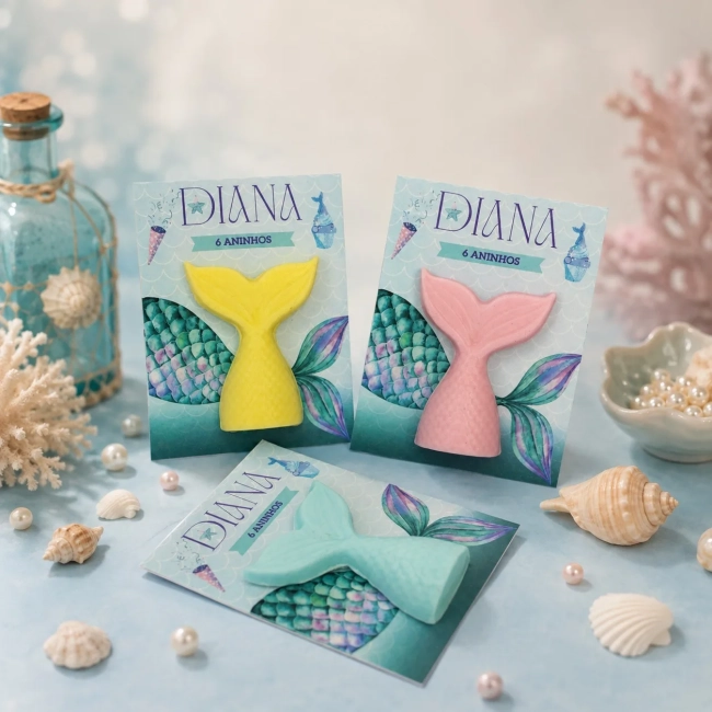 20 uni Lembrancinha Mini Sabonete Calda/ Rabo de Sereia Perfumado no Cartão Aniversário, Chá de Bebê, Batizado e etc.