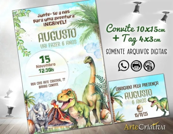 Convite Digital C/tag Dinossauro Aquarela 11
