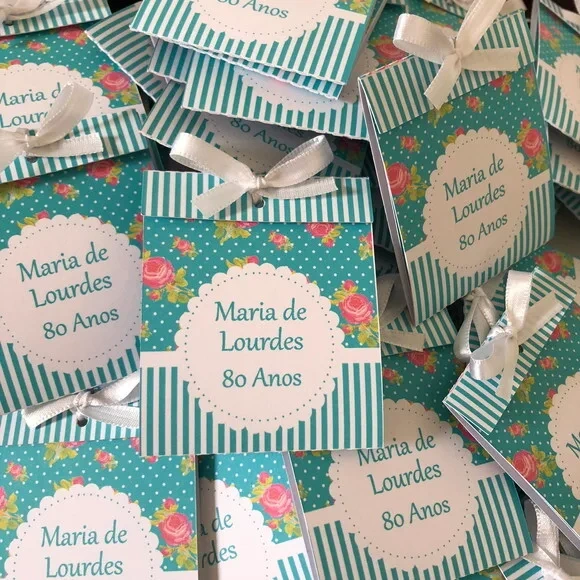 Lembrancinha 80 Anos Sachê Sementinha Floral Turquesa