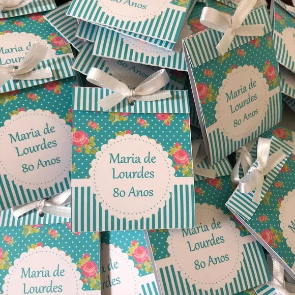 Lembrancinha 80 Anos Sachê Sementinha Floral Turquesa