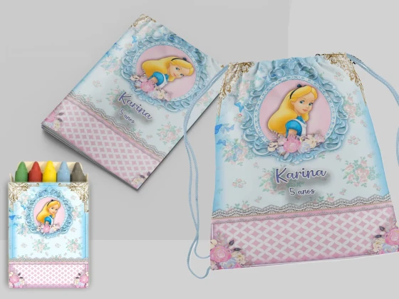 Kit Mochila e Revista de colorir para lembrancinha Alice Pais das Maravilhas