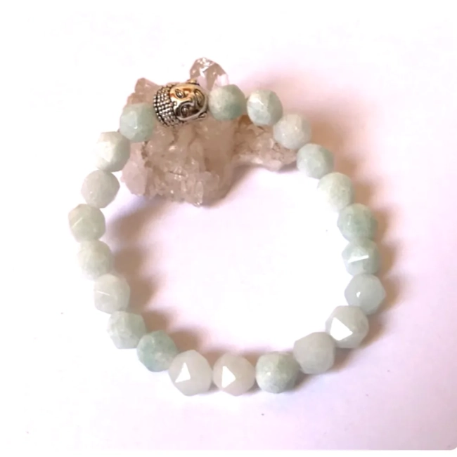 Pulseira Japamala 21 Contas Água Marinha Leitosa Facetada com Buda