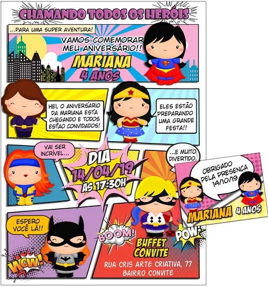 CONVITE DIGITAL C/TAG Heroinas Cute Gibi 3