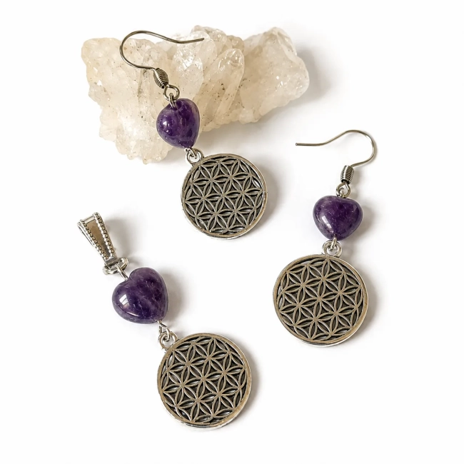 Conjunto Místico Brinco e Pingente Mandala Flor da Vida com Ametista Coração