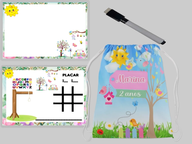 Kit Mochila e Lousa Magica para lembrancinhas Jardim Encantado