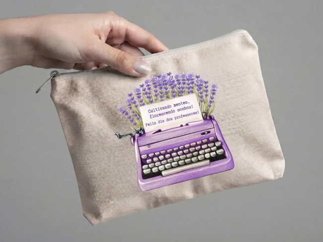 Lembrancinha Nécessaire Personalizada Algodão Cru 20x15 Estampa DTF Dia dos Professores Máquina de Escrever