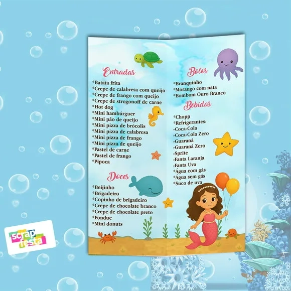 Menu Cardápio Personalizado Festa Fundo do Mar Sereia
