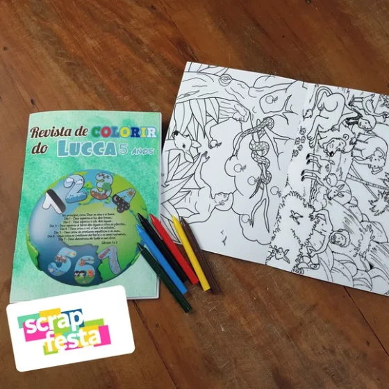 Revista Colorir + Giz de Cera Festa Criação do Mundo 7 Dias