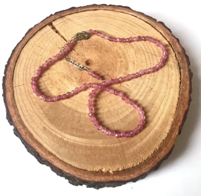 Choker Colar Turmalina Rosa  Facetada 4mm e Aço Inox
