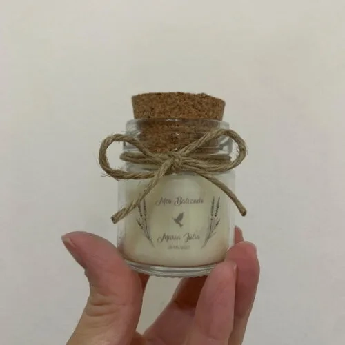Lembrança Batizado Vela Aromática Vidro c/ Rolha e Sisal