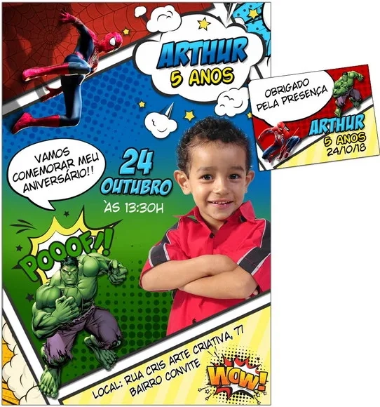 CONVITE DIGITAL C/TAG Cartoon Homem Aranha e Hulk com foto