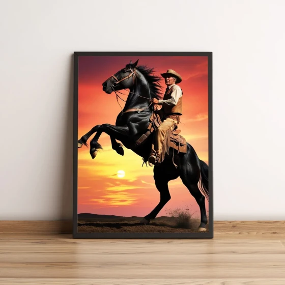 Quadro com cowboy montando cavalo ao pôr do sol 2186