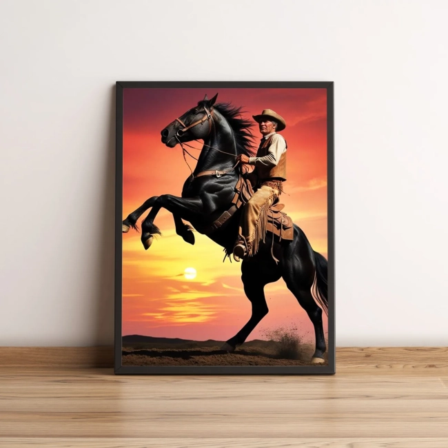 Quadro com cowboy montando cavalo ao pôr do sol 2186